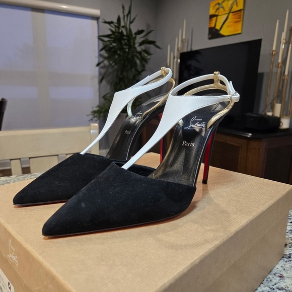 NEW Christian Louboutin Athina Black Suede and White Leather Heels 100mm Size 39 - Picture 3 of 11